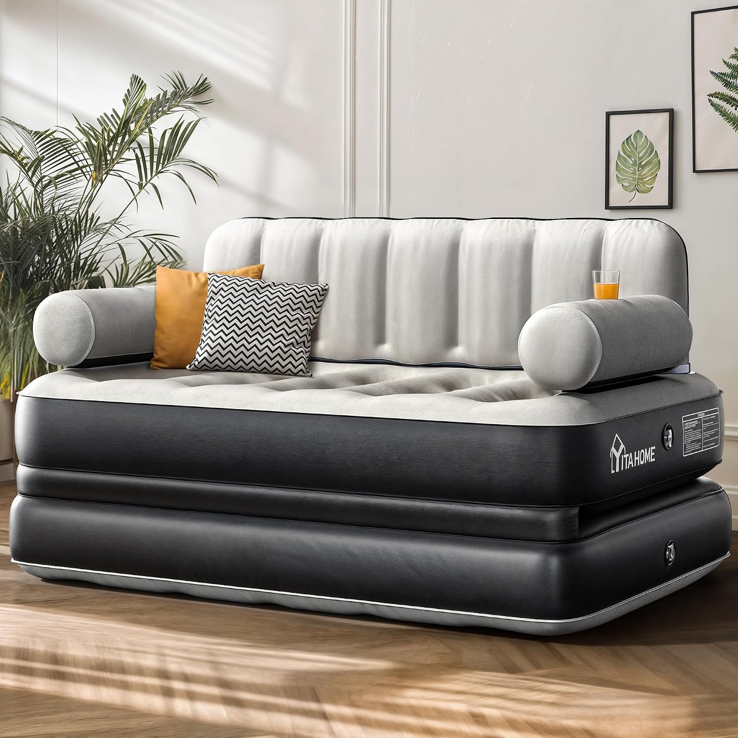 YITAHOME Queen Size Air Sofa Bed Mattress with Headboard and Pump, Blow Up Couch Inflatable Bed for Home Living Room, 79" x 60" x 25" (Expanded Size, Black)