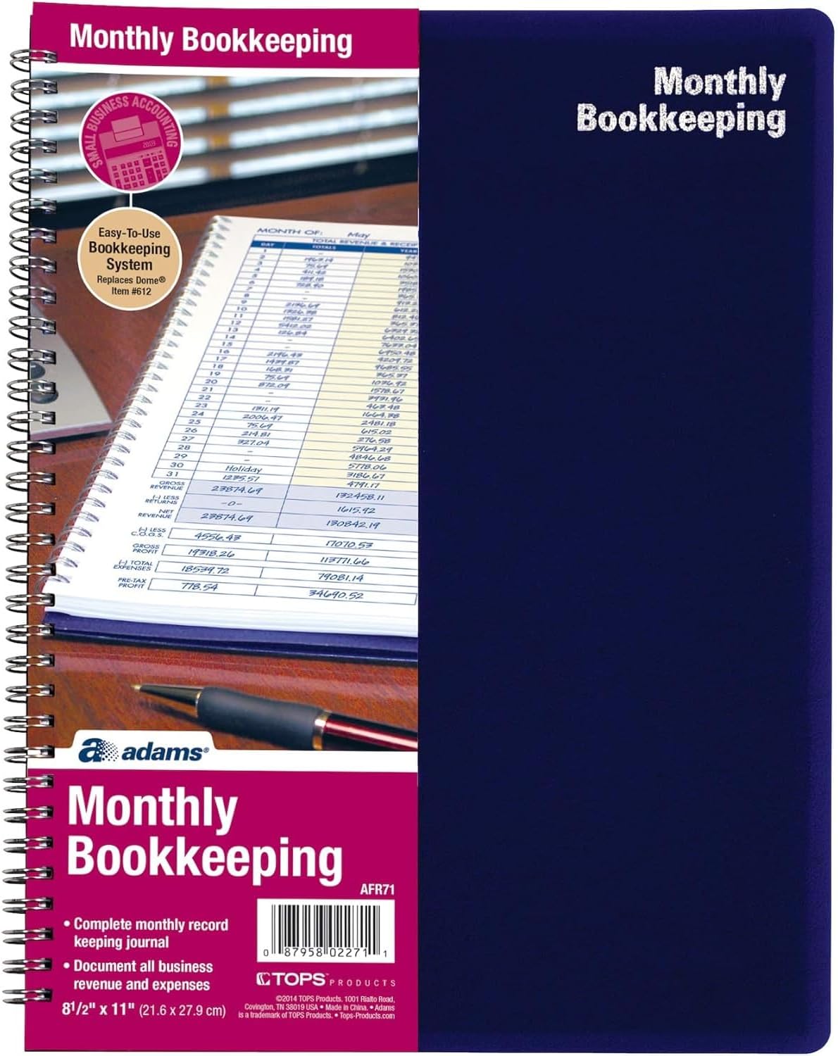Adams Monthly Bookkeeping Record Book - 8.5" x 11" Spiral Bound 4 Column Ledger 128 Pages - Undated Accounting Ledger Book for Small Business, Payroll, Budget Tracking - Durable Poly Cover - 1 Unit