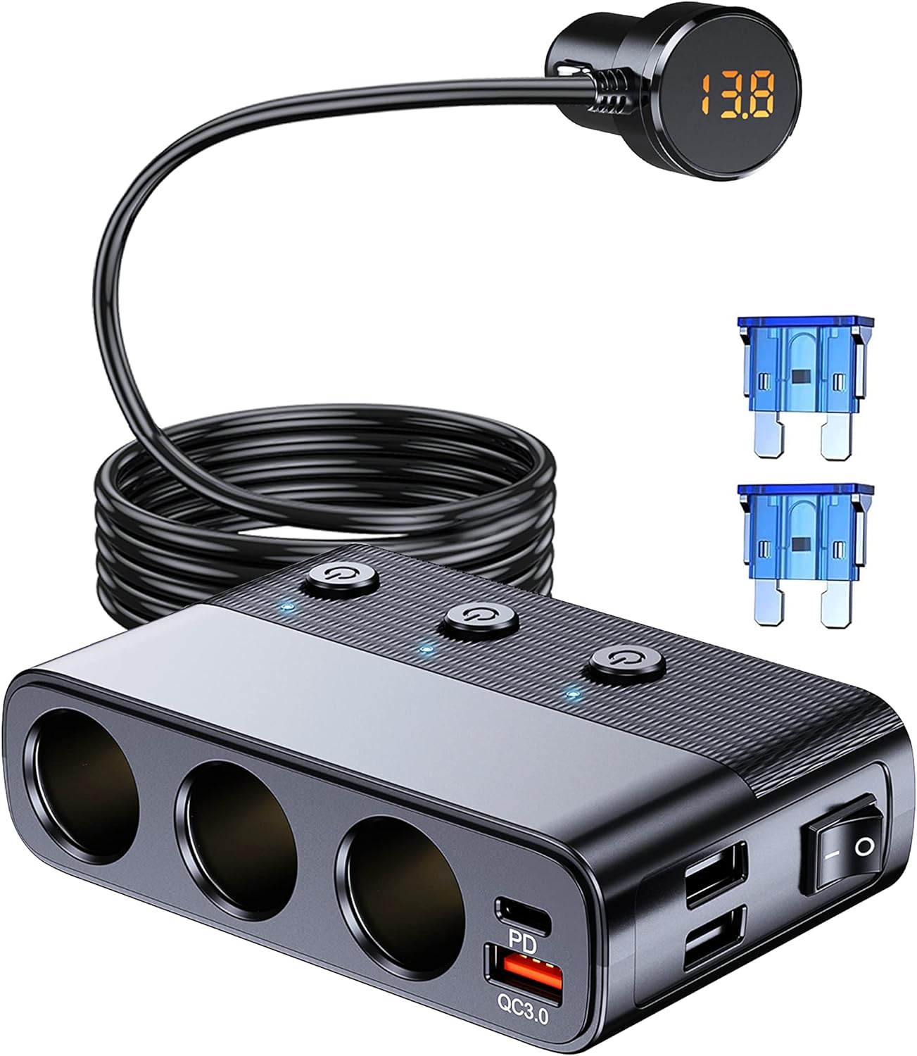 LIHAN 7-1 Cigarette Lighter Splitter,12V/24V Car Charger Adapter with 3 Socket Expander,PD30W Type-C,QC3.0 & Dual USB Ports,Independent Switches,Voltage Display,3.3FT Extension Cord fit Truck RV SUV