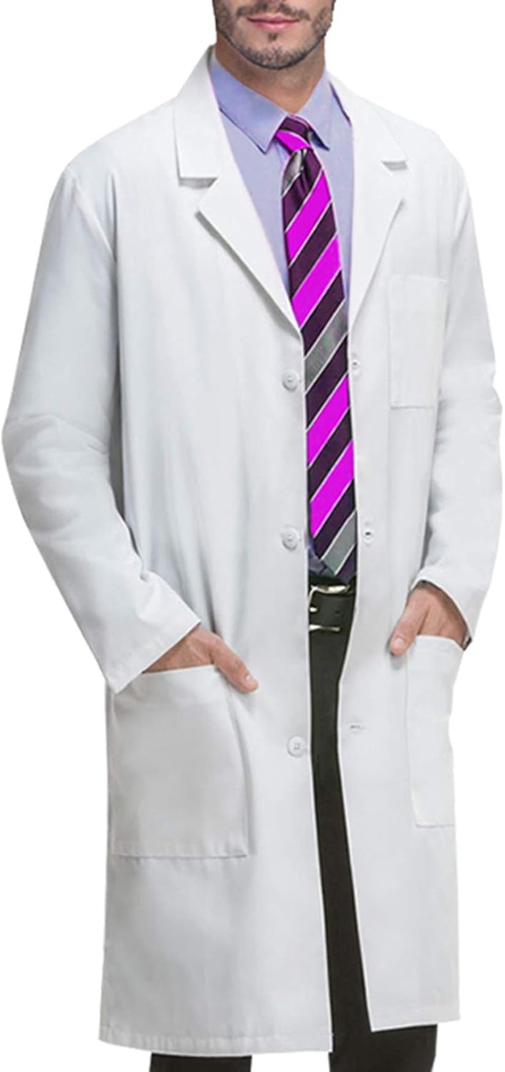 Unisex Lab Coat Long Sleeve 3 Pocket Medical Coat with Button Professional White Coat for Doctor Nurse Scientist