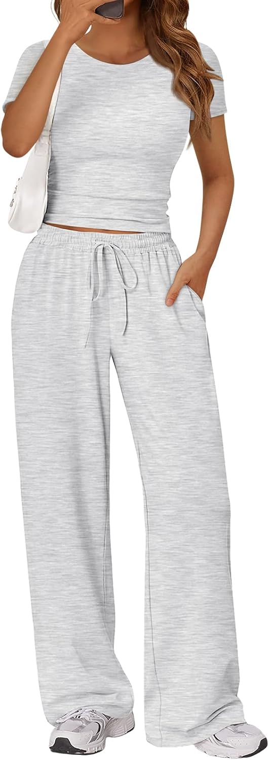 Trendy Queen 2 Piece Matching Summer Lounge Set Womens Side Ruching Top Wide Leg Pants Sets with Pockets