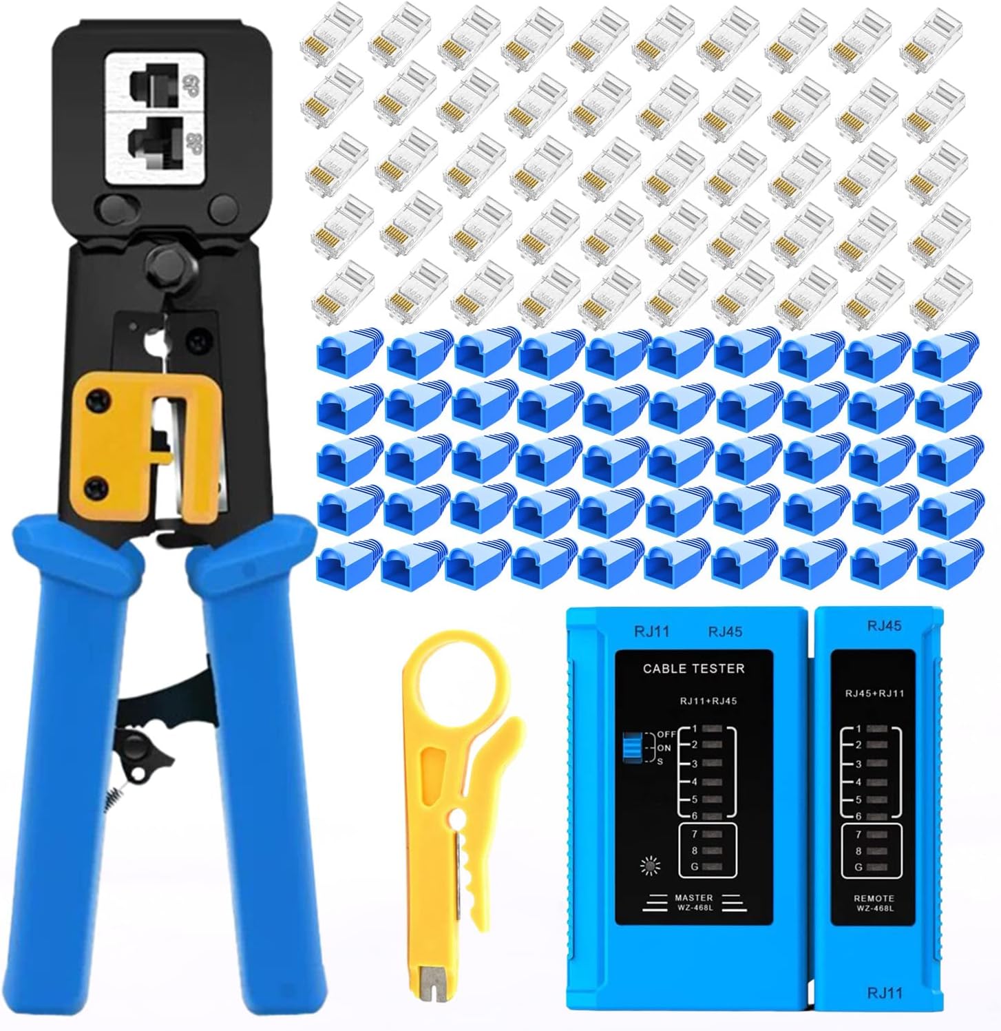 rj45 Crimping Tool for Cat6 Cat5e Cat5, Sturdy Crimper for rj45 rj12/11 Pass-Through Connectors with 50pcs rj45 Cat5e Pass-Through Connectors, 50pcs Covers, Wire Stripper; Network Cable Tester
