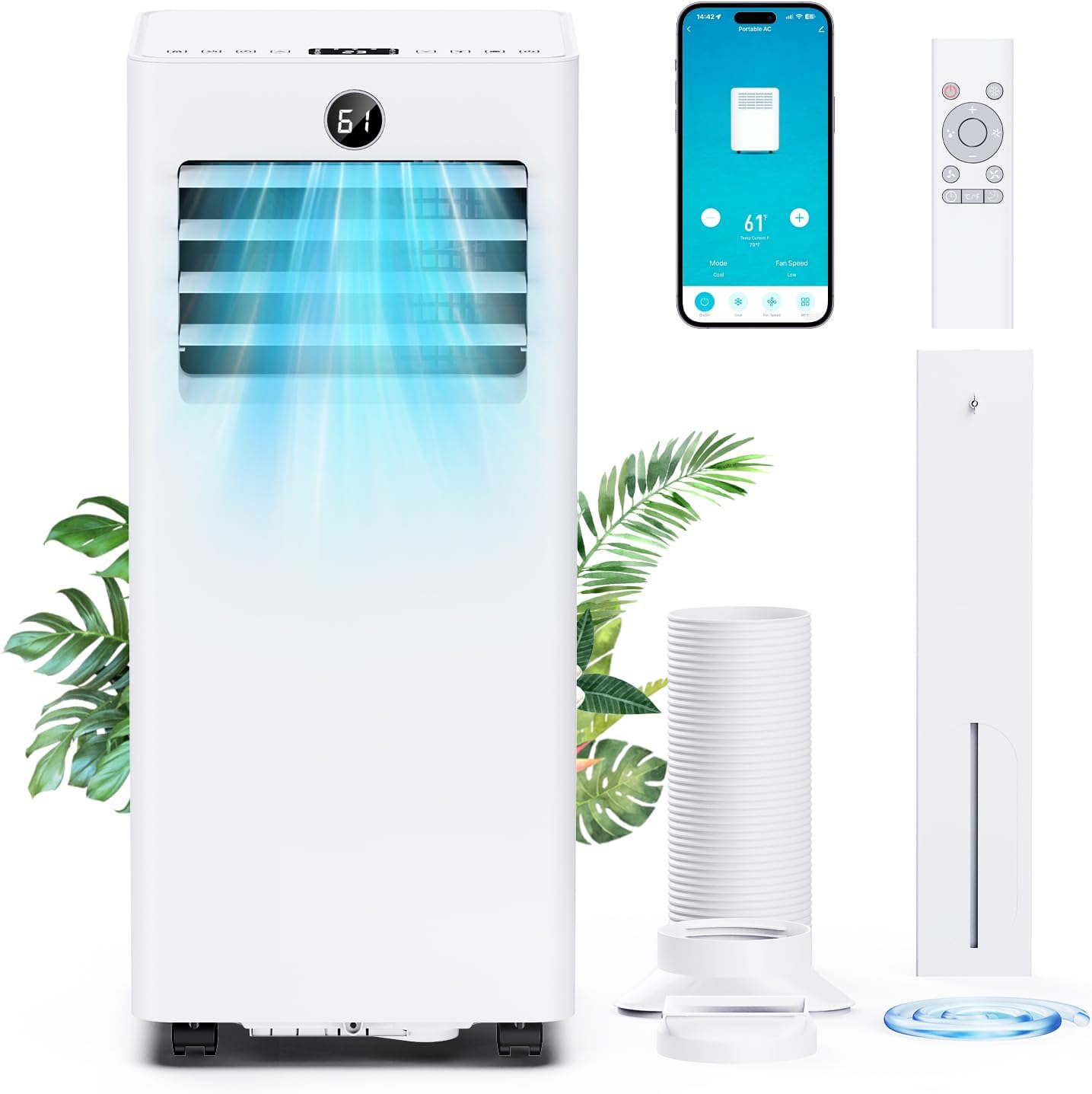 Portable Air Conditioners 8000 BTU, Quiet Air Conditioner with WiFi/App Control, 24H Timer, Dehumidifier, Fan, Cooling, Sleep Modes 4-in-1 AC Unit for Room with Window Kit, for Bedroom/Office, White
