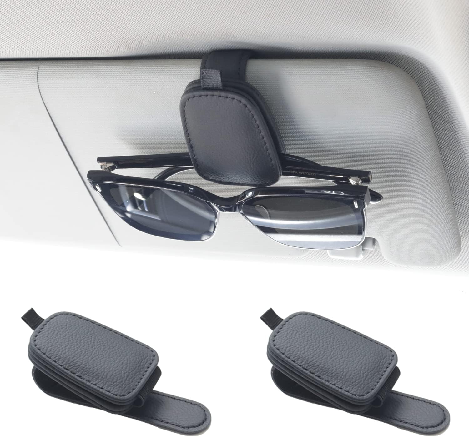Yuoyar Sunglass Holder for Car, Magnetic Leather Sunglasses Holder and Ticket Card Clip, Car Visor Accessories, 2 Packs (Black)