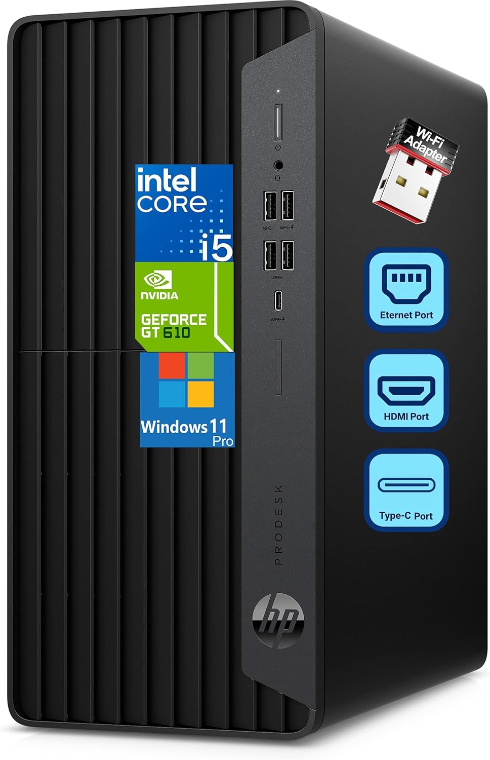 HP ProDesk 600 Microtower Business Desktop Computer, 8GB DDR4 RAM, 256GB PCIe SSD, Intel 6-Core i5-10400F, GeForce GT 610 2GB, WiFi Adapter, RJ45, HDMI, DVI-I Port, VGA, Type-C, Windows 11 Pro