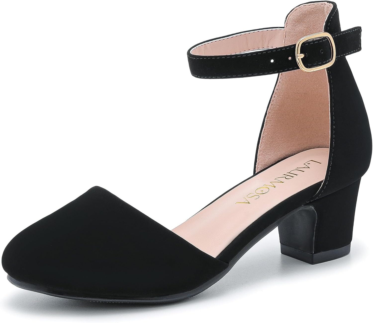 LAURMOSA Girls Dress Shoes Closed Toe Chunky High Heels Ankle Strap Wedding Party Pump Shoes