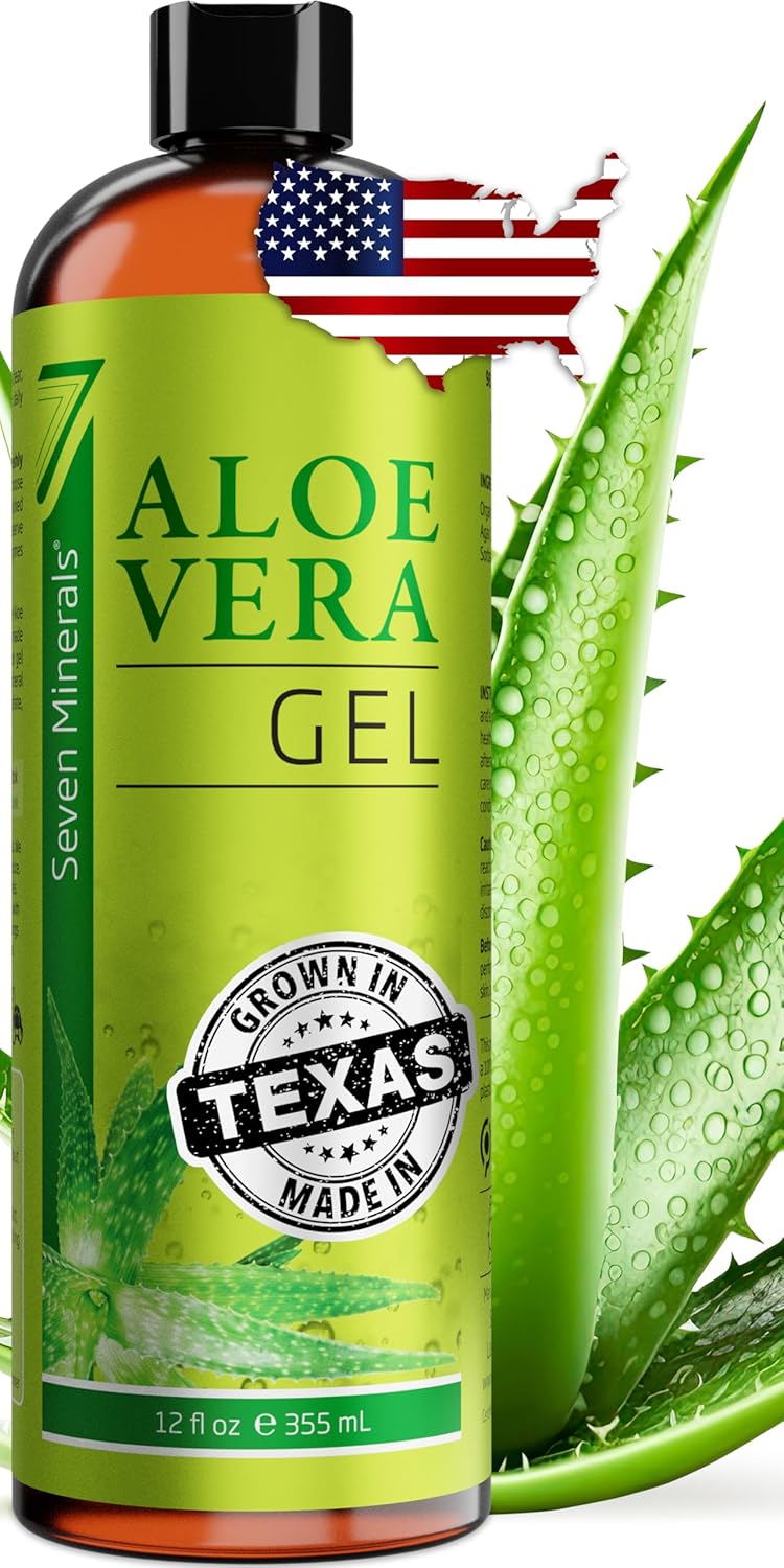 Seven Minerals Aloe Vera Gel with Freshly Cut Pure Organic Aloe - Big 12oz - Texas Grown, HighestQuality, Vegan, Unscented, Non-Sticky - After Sun, Sunburn Relief, Skin & Face Moisturizer, Hair Mask