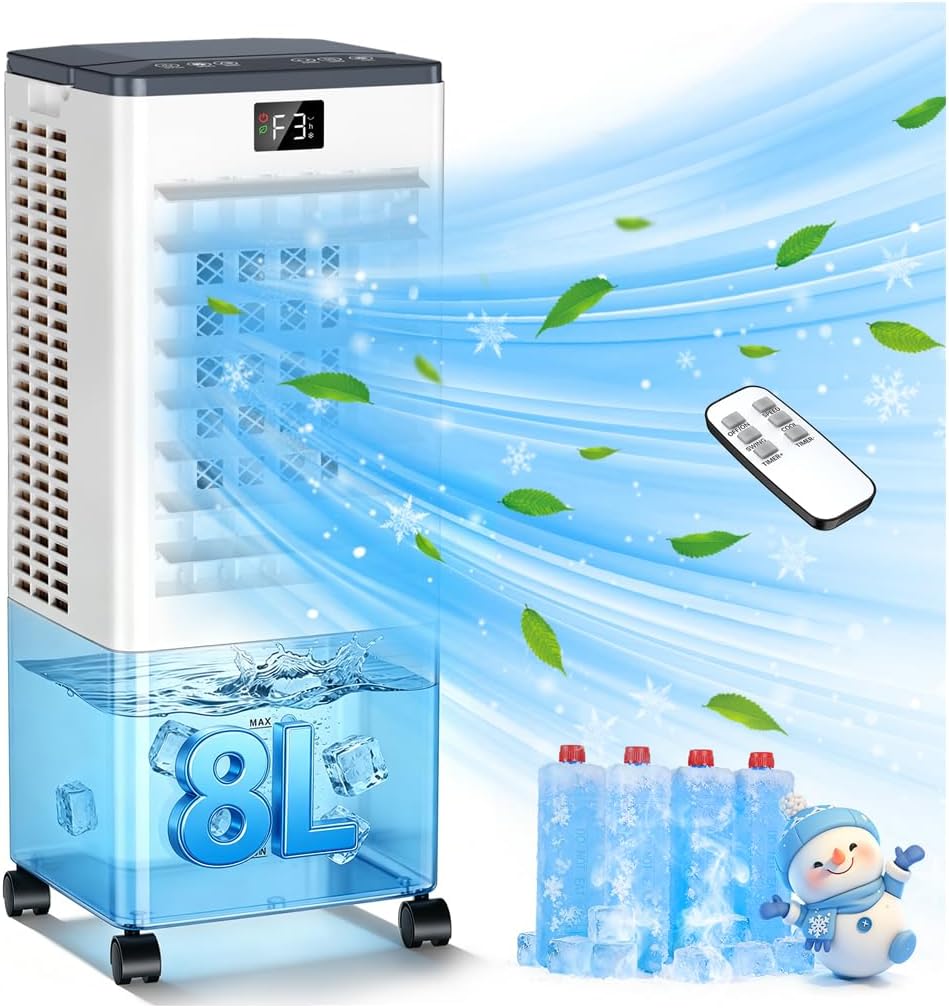 Portable Air Conditioners,3-in-1 Evaporative Air Cooler,4 Modes 3 Speeds Blow Cold Air, 120°Oscillation, LED Display, 12H Timer, Windowless Portable AC w/ 8L Tank & Remote for Home Bedroom Office