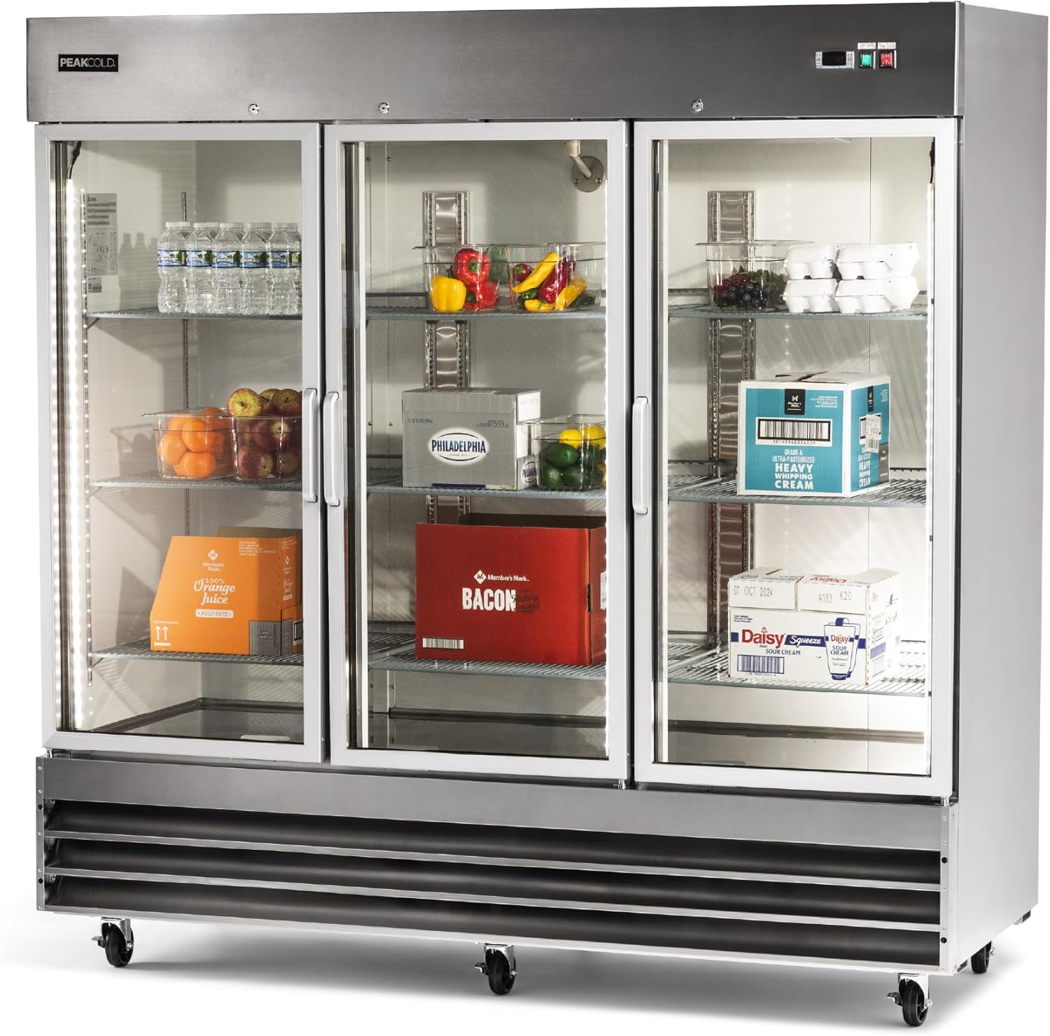3 Glass Door Commercial Refrigerator, 72 Cu. Ft., 81" W Stainless Steel Reach-In Upright Refrigerator, Adjustable Shelves, Auto Defrost, Digital Thermostat, Freestanding Industrial Fridge