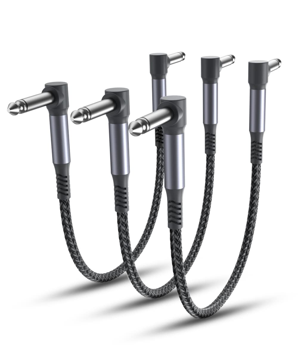 Elebase Guitar Patch Cables 12-Inch 3-Pack,6.35MM Effects Pedal Board Cord,1/4" Right-Angle Nylon Braided Instrument Audio Cable,Pedalboard Connector TS Wire for Amp/Amplifier,Mixer,Electric Bass