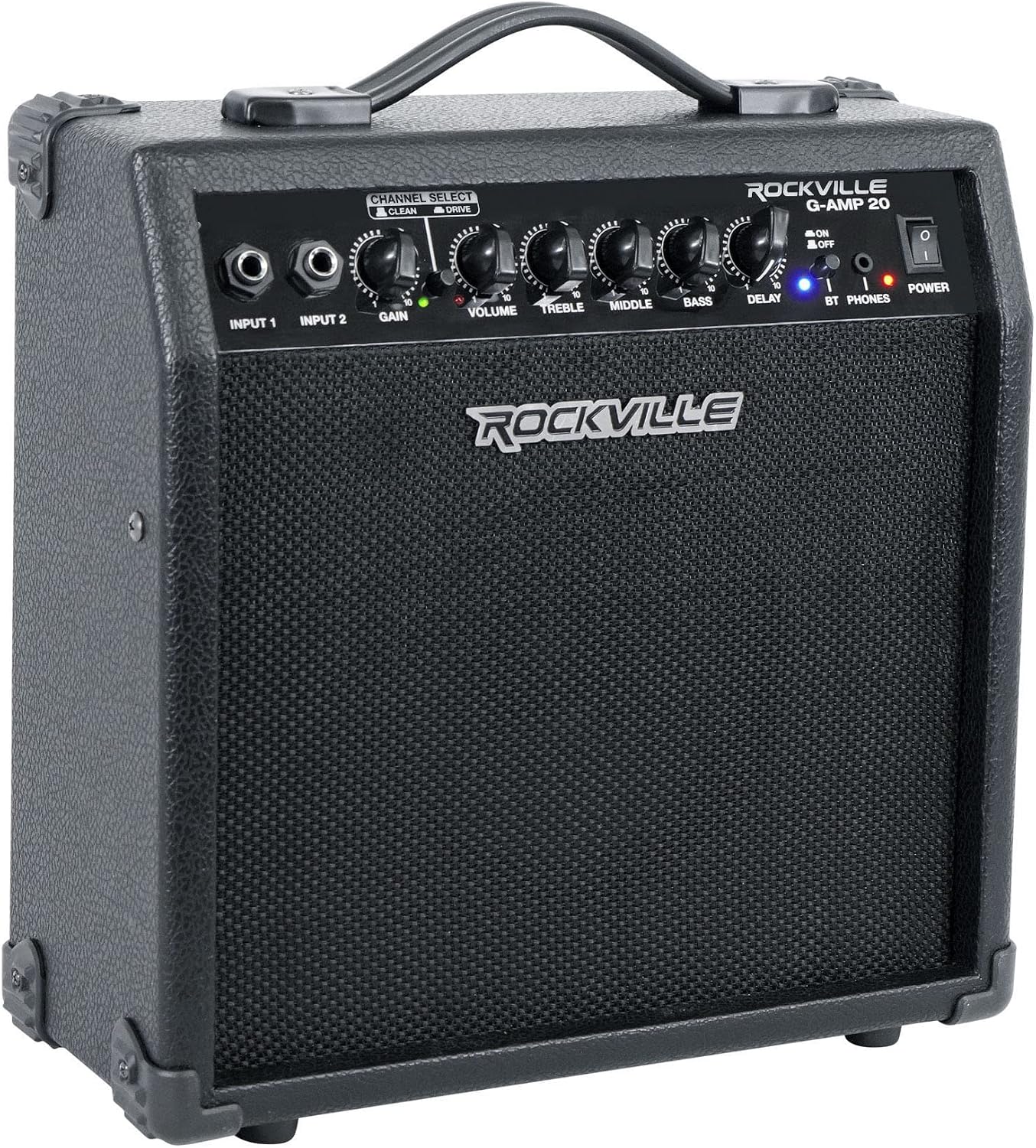 Rockville G-AMP 20W Guitar Amplifier Combo with Bluetooth, Delay, Dual Guitar Inputs, Clean/Overdrive, EQ Controls, Portable for Practice and Small Gigs | Bluetooth Streaming, 3-Band EQ, 20W RMS, Dual Inputs, Clean/Overdrive, Headphone Jack, Portable
