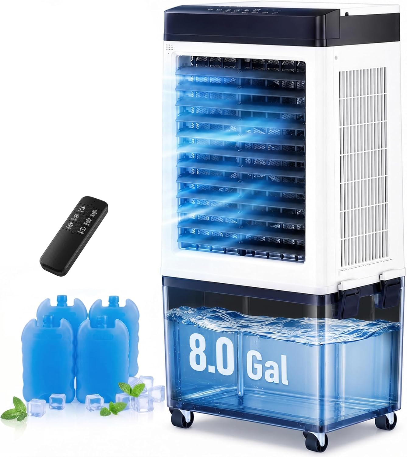 AKIRES 2200CFM Swamp Cooler,Evaporative Air Cooler with 8.0-Gal Water Tank, 4 Ice Packs, Portable Air Conditioners with Remote Control,12H Timer,Evaporative Cooler for Indoor,Outdoor Use (40IN)