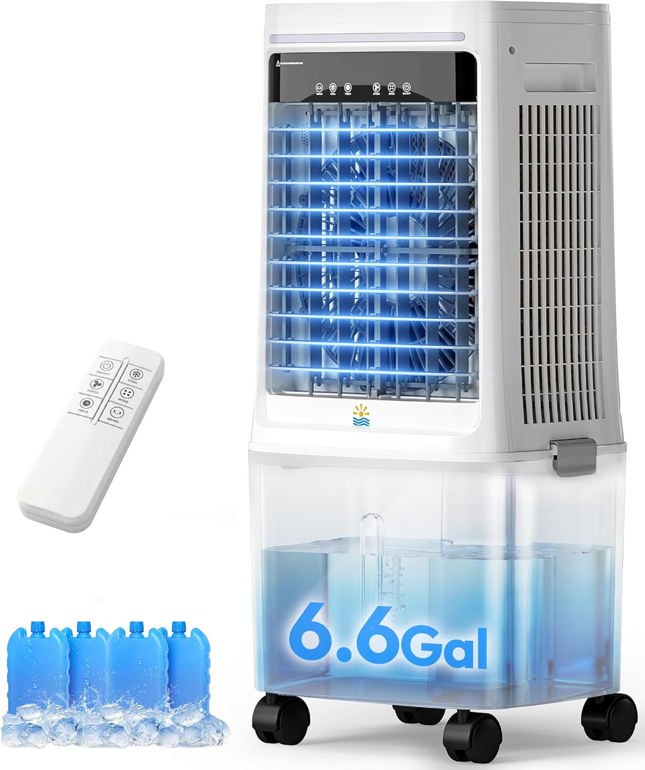 3-in-1 Portable Evaporative Air Cooler - 2000 CFM Swamp Cooler with 6.6-Gal Dual Tank & 4 Ice Packs, Remote Control, 12H Timer, Oscillating Cooling Fan That Blows Cold Air for Large Room, Office