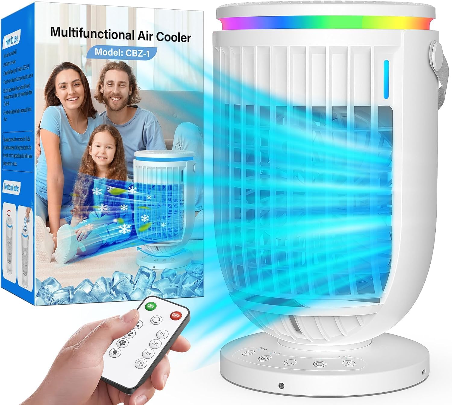 Portable Air Conditioners,Mini Air Conditioner Fan with 2 Modes,3 Speeds,7 Night Lights, 4 in 1 Personal Evaporative Air Cooler Cooling Fan with 1200ml Water Tank, Portable AC for Bedroom Office Desk