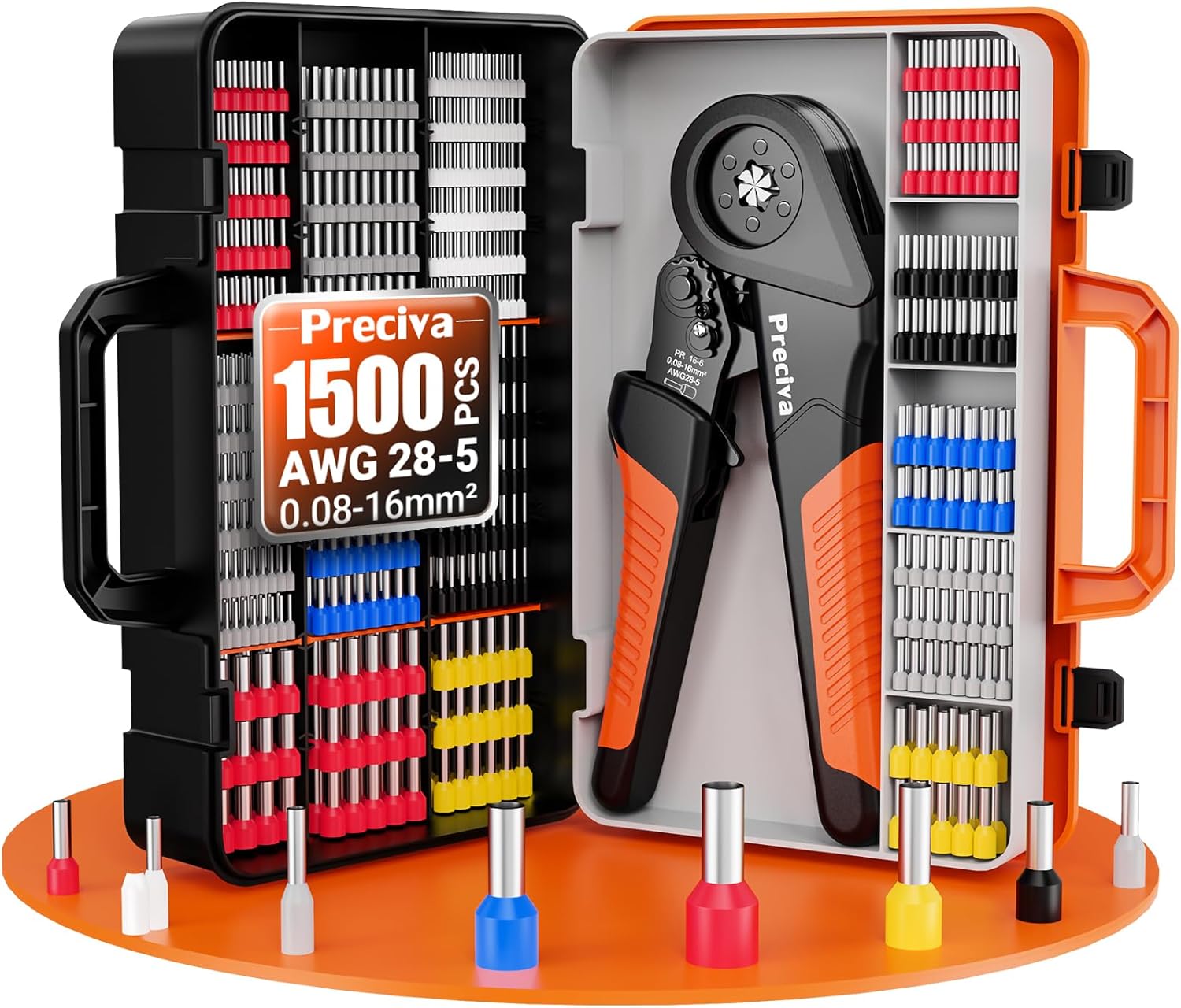Preciva Hexagonal Ferrule Crimper, AWG 28-5 Self-Adjustable Ratchet Ferrule Crimping Tool Kit with 1500Pcs Wire Ferrule Terminals Connectors