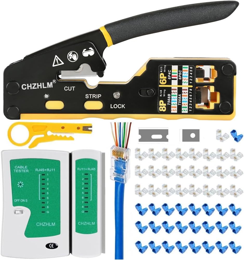 RJ45 Crimp Tool Kit Pass Through Crimper RJ45 Crimping Tool Stripper Cutter Crimper All-in-One for 8P RJ45 Cat5 Cat5e Cat6 6P RJ11/12 Telephone Connectors Network Enthernet Crimper kit