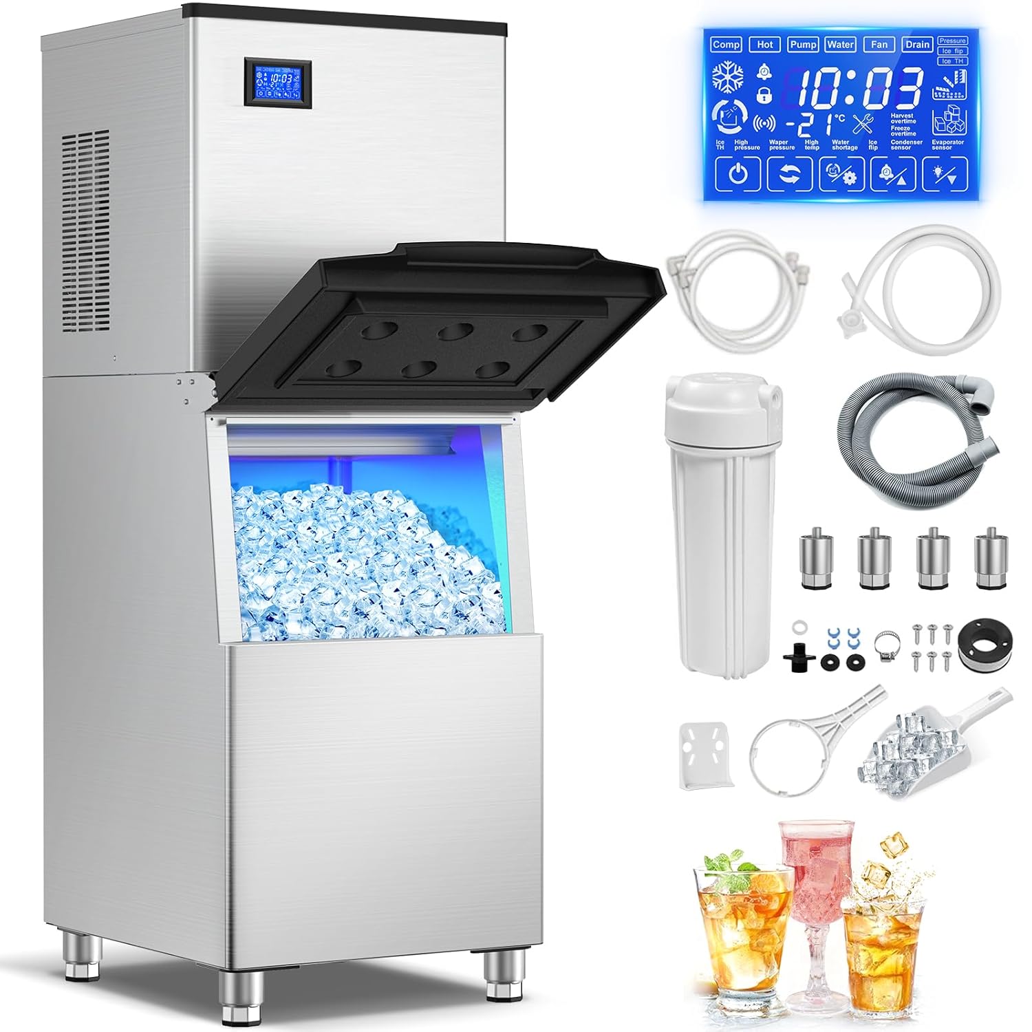Commercial Ice Maker Machine 600 Lbs/24H, 350 Lbs Large Storage, Stainless Steel Commercial Ice Machine, 182 Ice Cubes/8-15 Min, Set Ice Thickness, 24H Timer Industrial Ice Machine for Bar, Café, etc