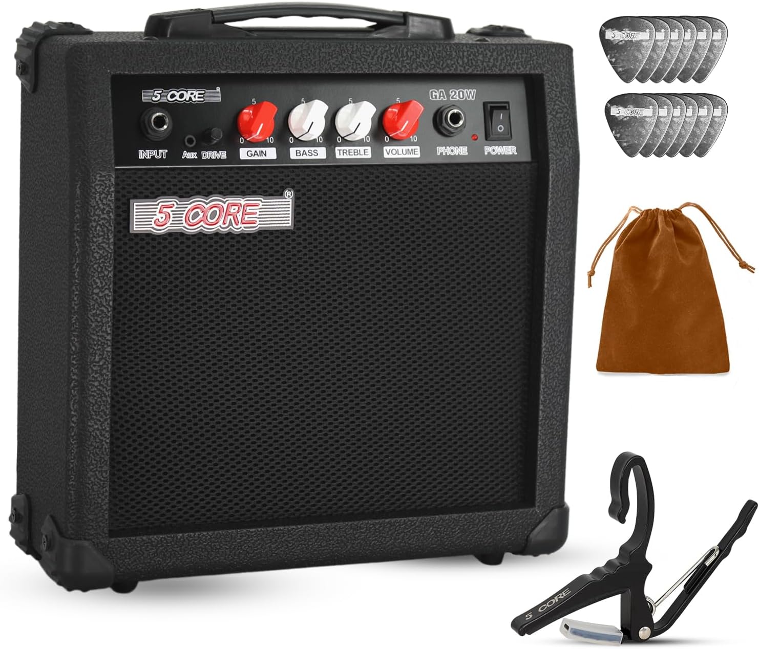 5 Core Electric Guitar Amp 20 Watt Amplifier 6.5" Speaker Portable Amp with Headphone Input Gain Include Capo and Picks Gold - GA 20W GL BLK