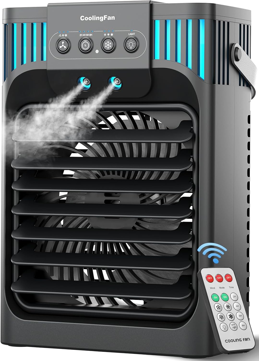 Portable Air Conditioner Cooling Fan with Remote, Quiet with 3 Speeds, 1200ml Personal Air Cooler Fan with 3 Mist, 7 Night Light, 8H Timer, Small Air Conditioner for Bedroom Office (black gray)