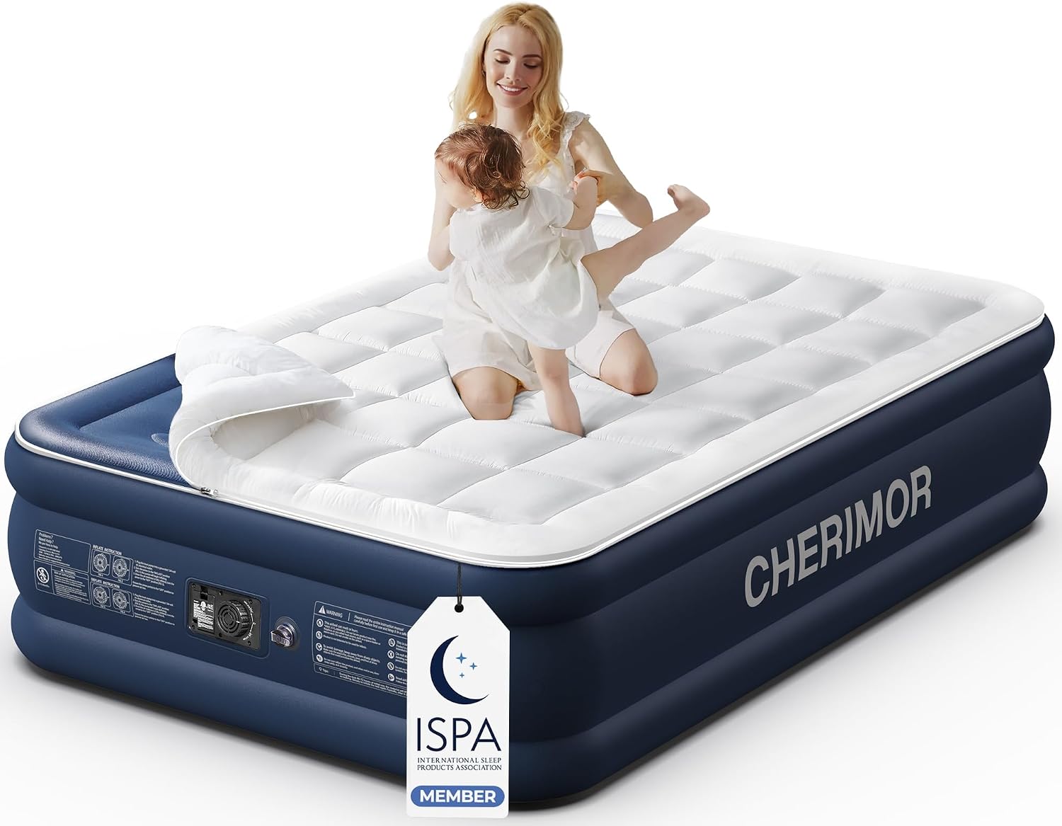 CHERIMOR Queen Air Mattress with Built-in Pump & Luxury Quilted Topper (Washable&Detachable), 20" Raised Comfort, 800lb Support, 4.5 Min Fast Inflate, Blow up Mattress for Guest Camping & Home