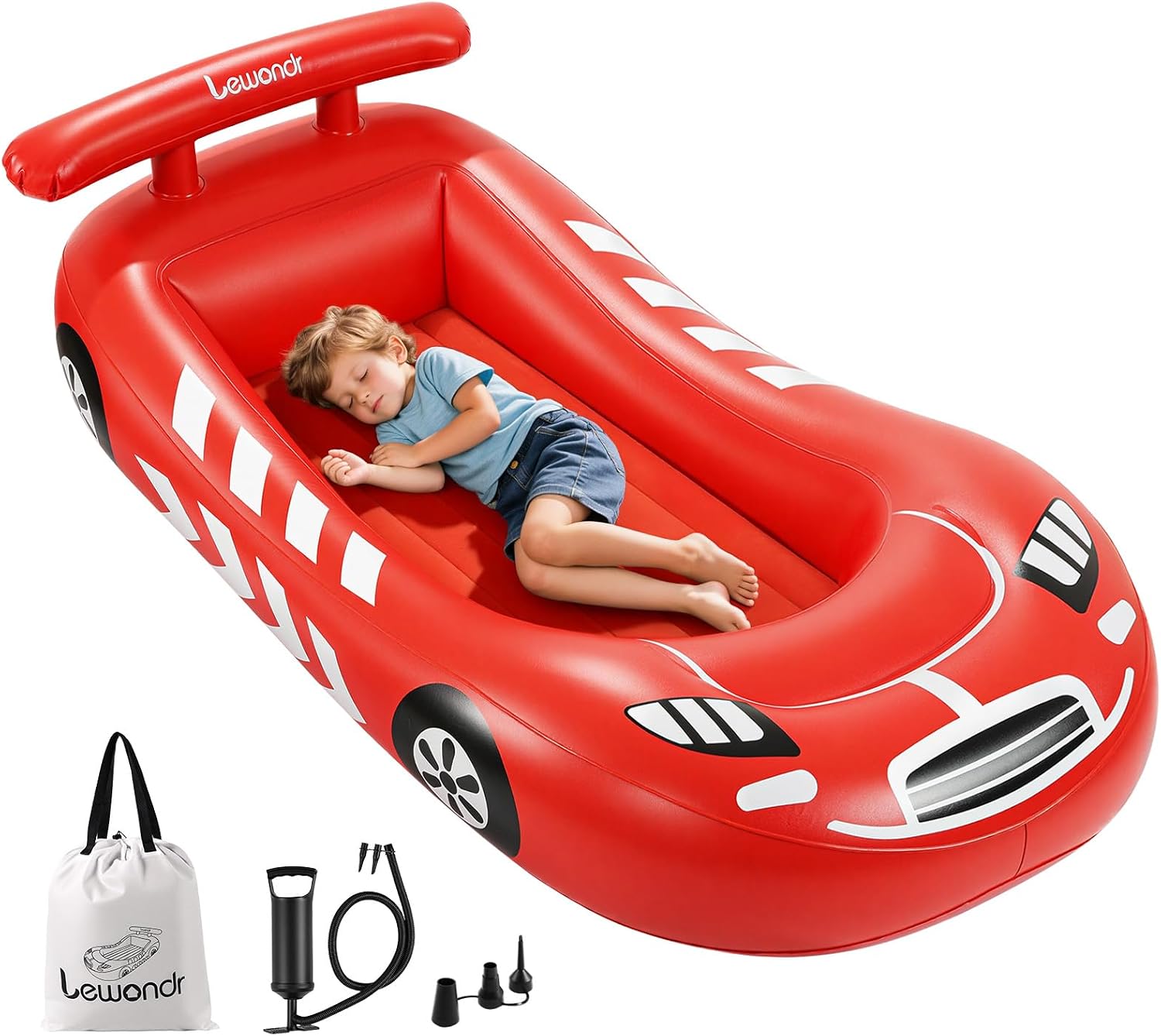 Lewondr Inflatable Kids Bed, Racecar Toddler Air Mattress with Bumpers Red