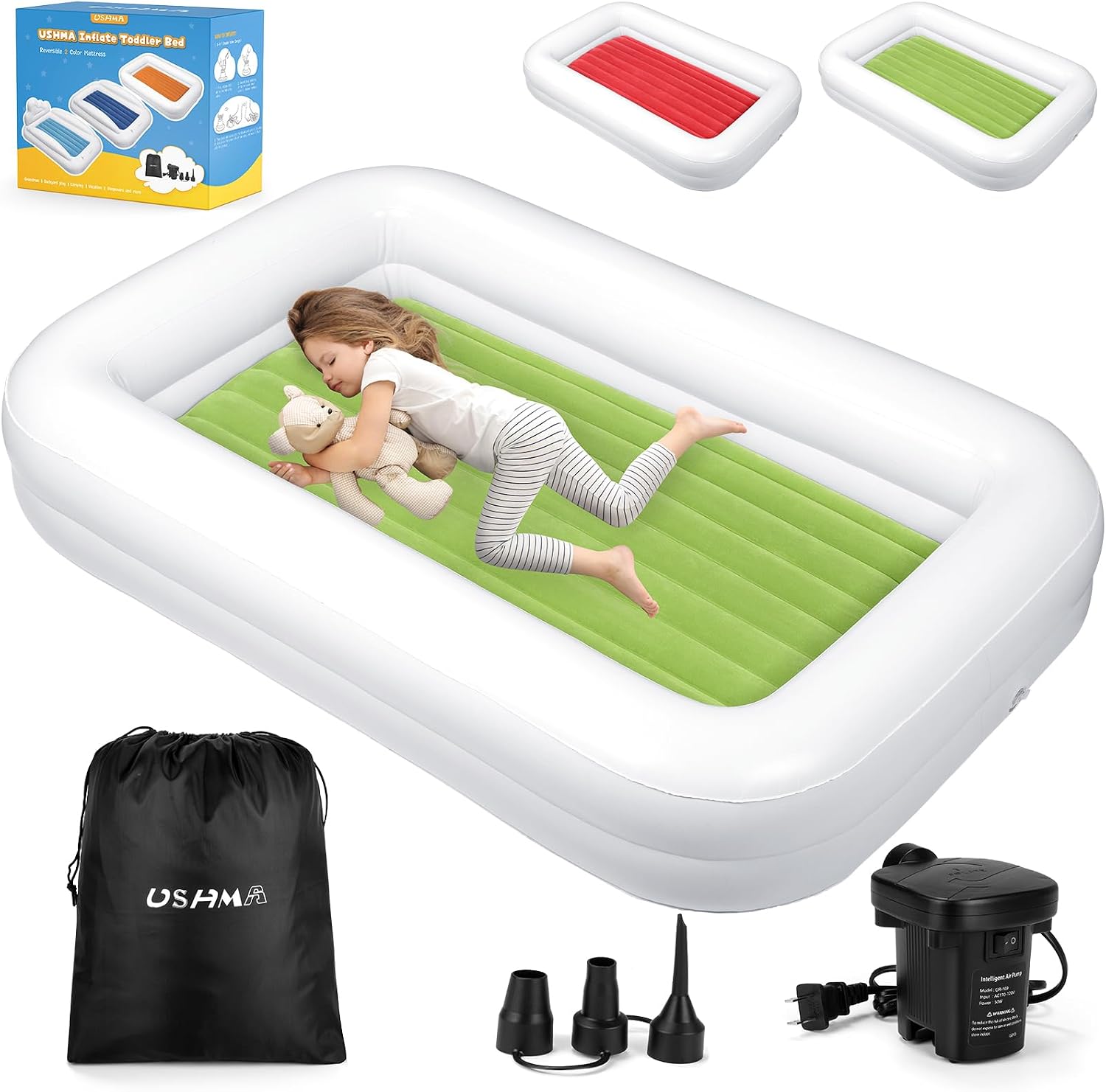 USHMA Toddler Travel Bed [4-Side] | Reversible 2 Colors Kids Air Mattress | Inflatable Toddler Bed | Portable Kids Blow Up Travel Bed with Sides, Red & Green