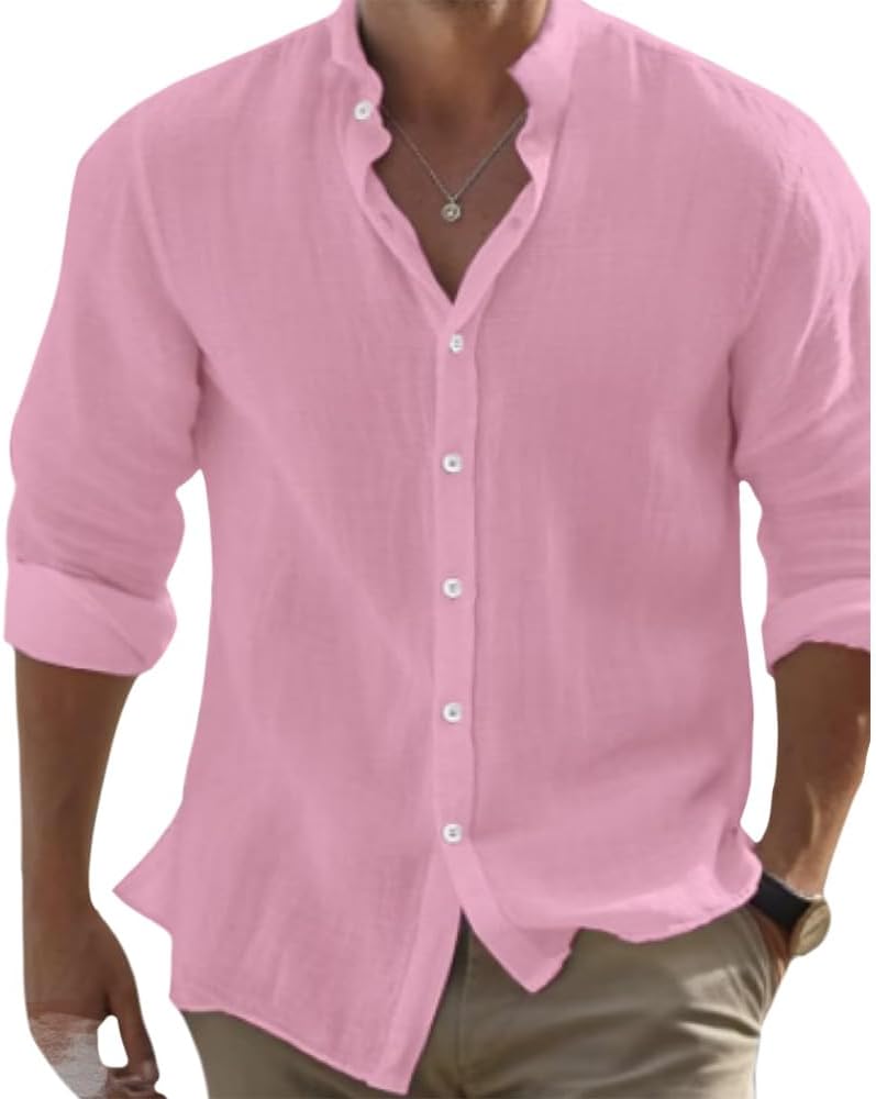 HOTYD Men's Linen Henley Shirts Casual Long Sleeve Button Down Shirts Loose Fit Beach Shirts 2025 Summer Vacation