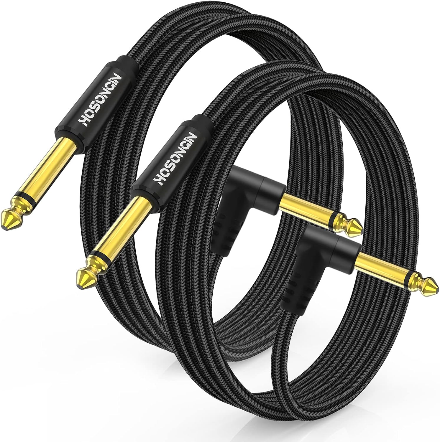 Guitar Cable 6.6 feet 2 Pack - 1/4 Inch Electric Instrument Cable Bass AMP Cord for Electric Guitar, Bass Guitar, Electric Mandolin, Pro Audio - Black Nylon Braided, 24K Gold Plated Plug