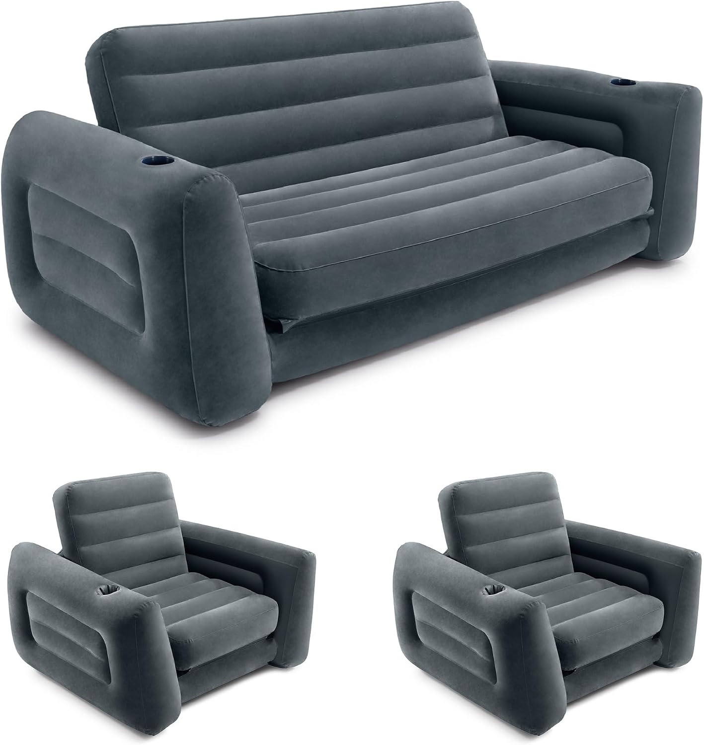 Intex Inflatable Furniture Set with Queen Sized Pull-Out Sofa Bed and 2 Sofa Sleepers, Gray - Air Mattress, Portable Couch, Lounge Chairs, Guest Beds