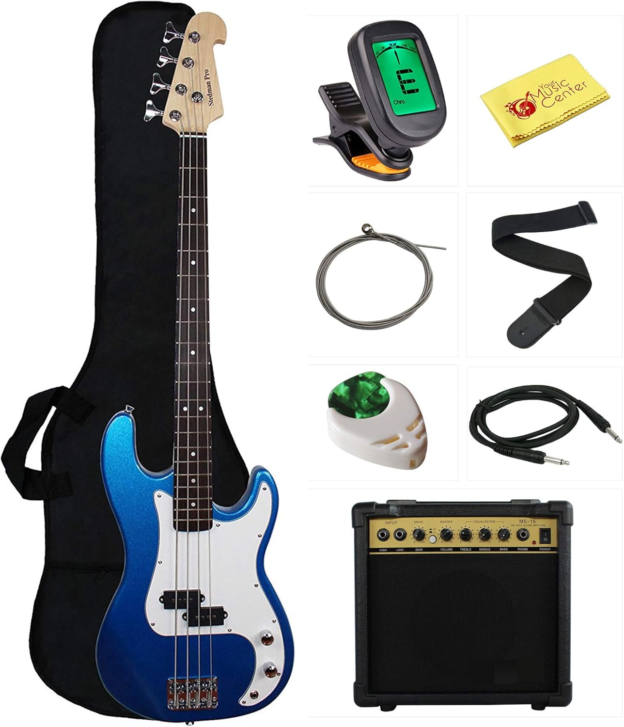 Stedman Beginner Series Bass Guitar Bundle with 15-Watt Amp, Gig Bag, Instrument Cable, Strap, Strings, Picks, and Polishing Cloth - Metallic Blue