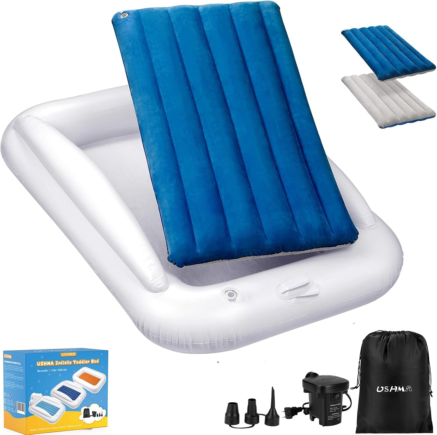USHMA Inflatable Toddler Travel Bed, Portable Toddler Bed | Kids Air Mattress with Sides | Reversible 2 Colors Kids Blow Up Mattress -Navy Blue & Grey
