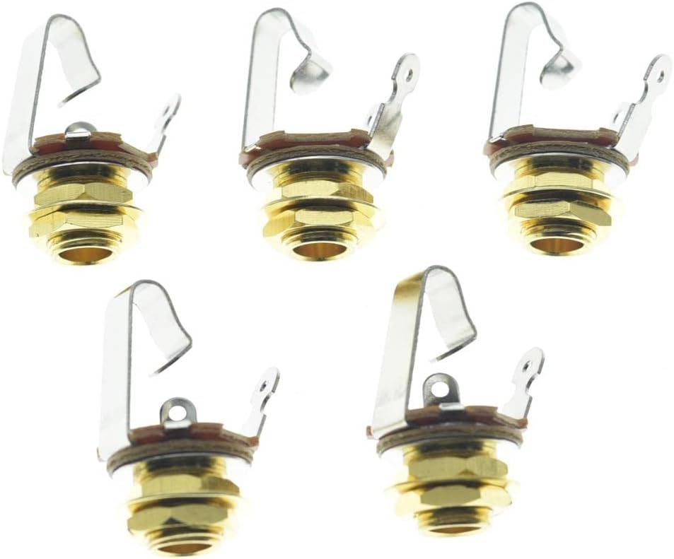 KAISH Gold Premium 5pcs Brass Material Metric Thread Audio 1/4" Female Guitar/Bass Output/Input Jack 6.35mm TS Mono Panel Mount Jack Socket with Nuts and Washer