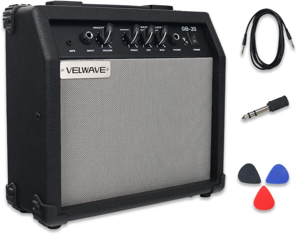 Electric bass Guitar Amplifier 20W Portable Practice amp Black Color Quality Workmanship mp3 6.5'' inch Speaker Input Treble Middle bass Volume Headphone Jack Easy Control Plate