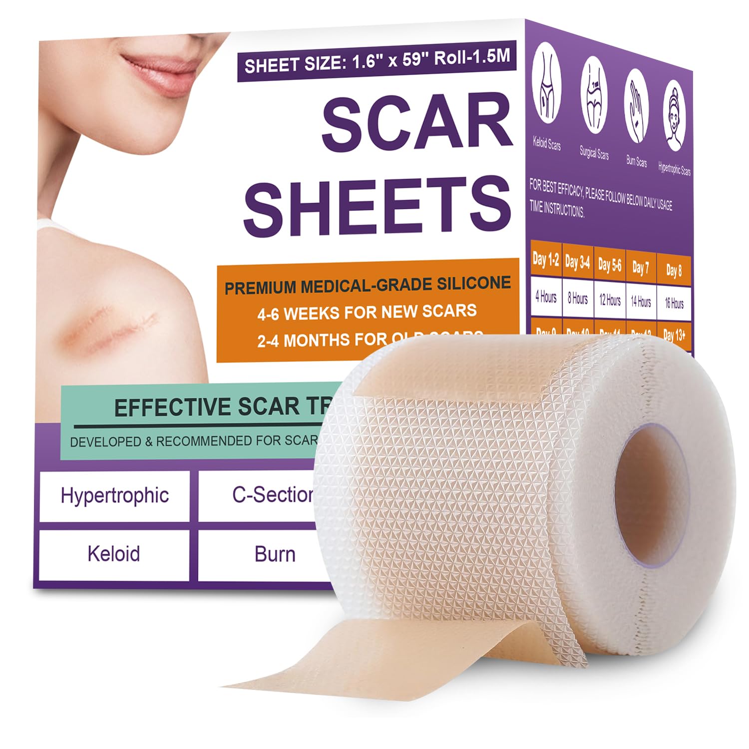 Silicone Scar Sheets, Medical Grade Silicone Scar Tape for Surgical, Hypertrophic, Keloid, C-Section, Burn, Old & New Scars, Reusable Professional Scars Removal Sheets (1.6"X 59" Roll-1.5M)