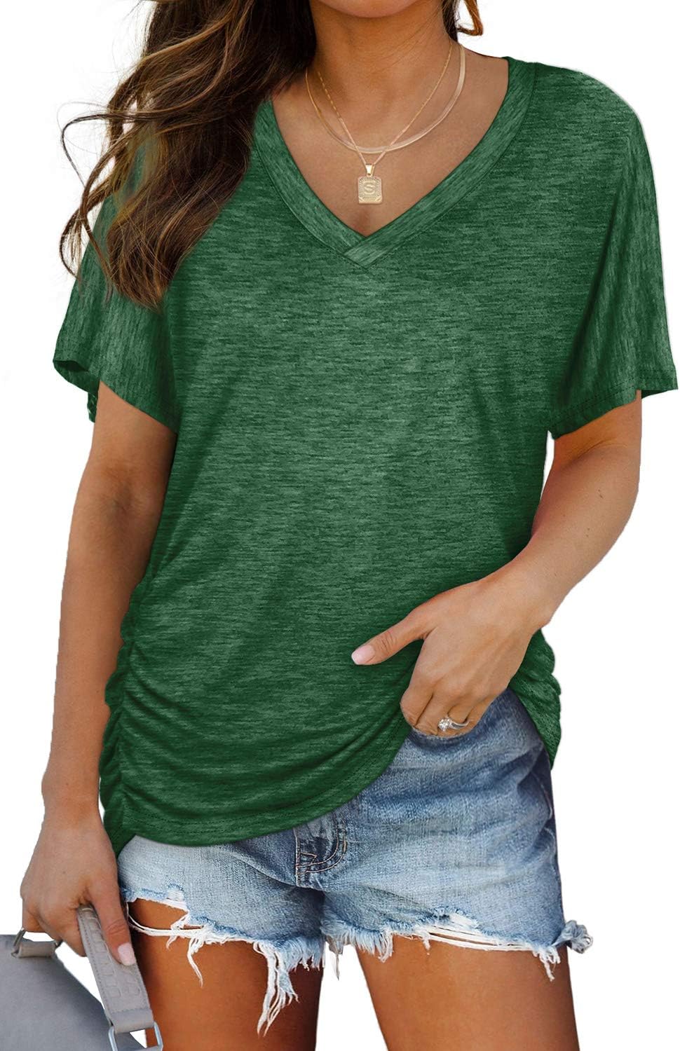 WIHOLL Womens Summer T-Shirts Short Sleeve V Neck Dolman Tops with Side Shirring Loose Fit Shirts Spring Fashion