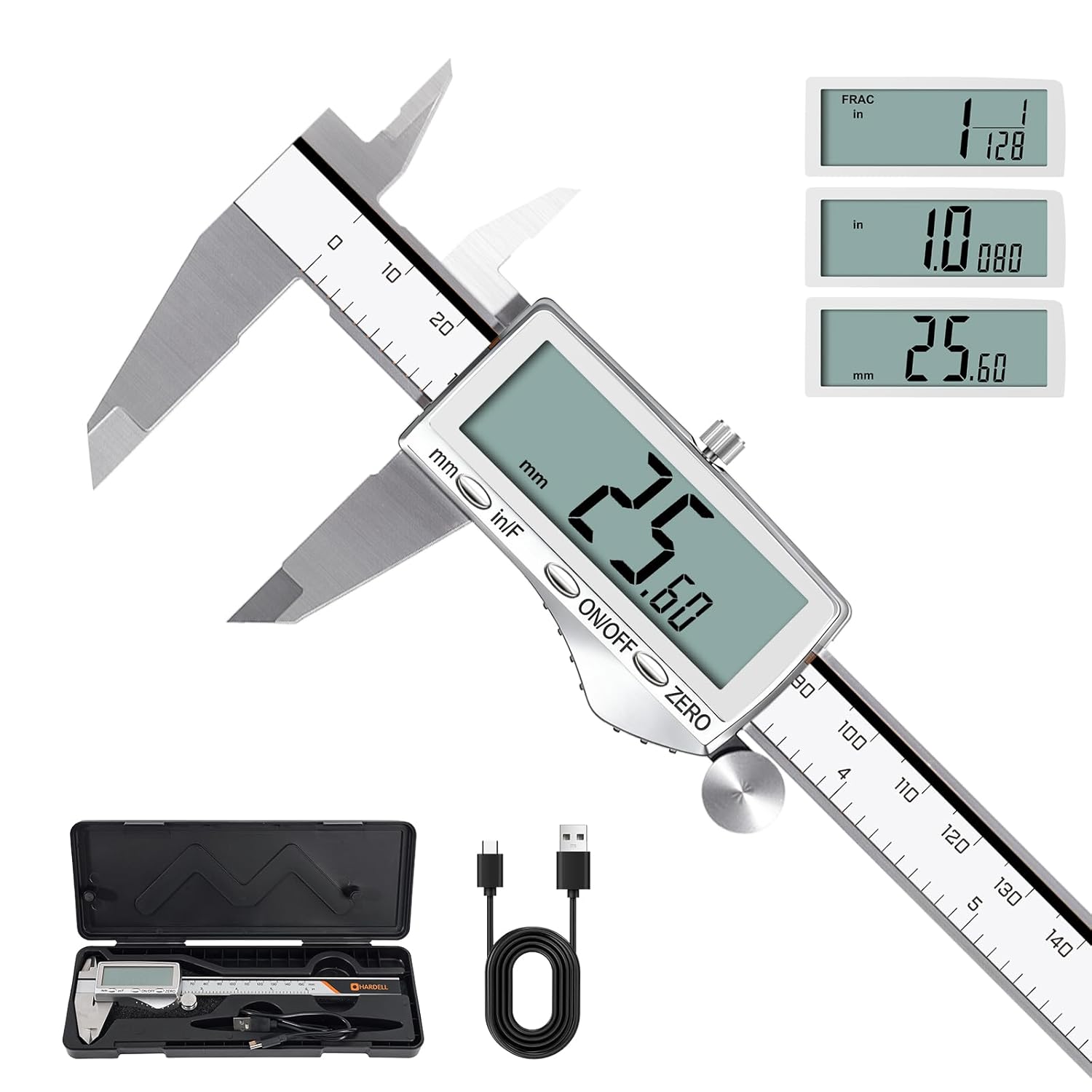 HARDELL Digital Caliper 6"/150mm, Rechargeable Stainless Steel Micrometer, Large LCD. in/MM/Fraction, Auto-Off, Electronic Measuring Tool for Machinist Woodworking 3D Printing DIY Household