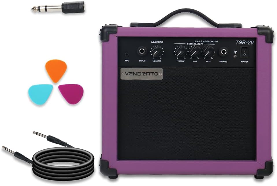 Electric Bass Guitar Amplifier 20W Bass Amp Purple Color Aux Input Treble Middle Bass Headphone Power 6.5Inch Speaker Portable Size for Starter Beginner Practice Home and Outside(TGB-PPE)