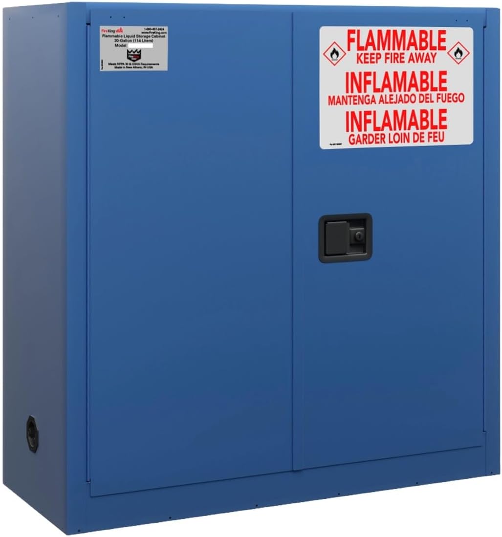 FireKing Blue 30 Gallon Flammable Safety Cabinet - Corrosives Flammable Storage Cabinet - Steel Safety Cabinets with Manual Door for Commercial, Industrial & Home Use - 43" x 44" x 18"