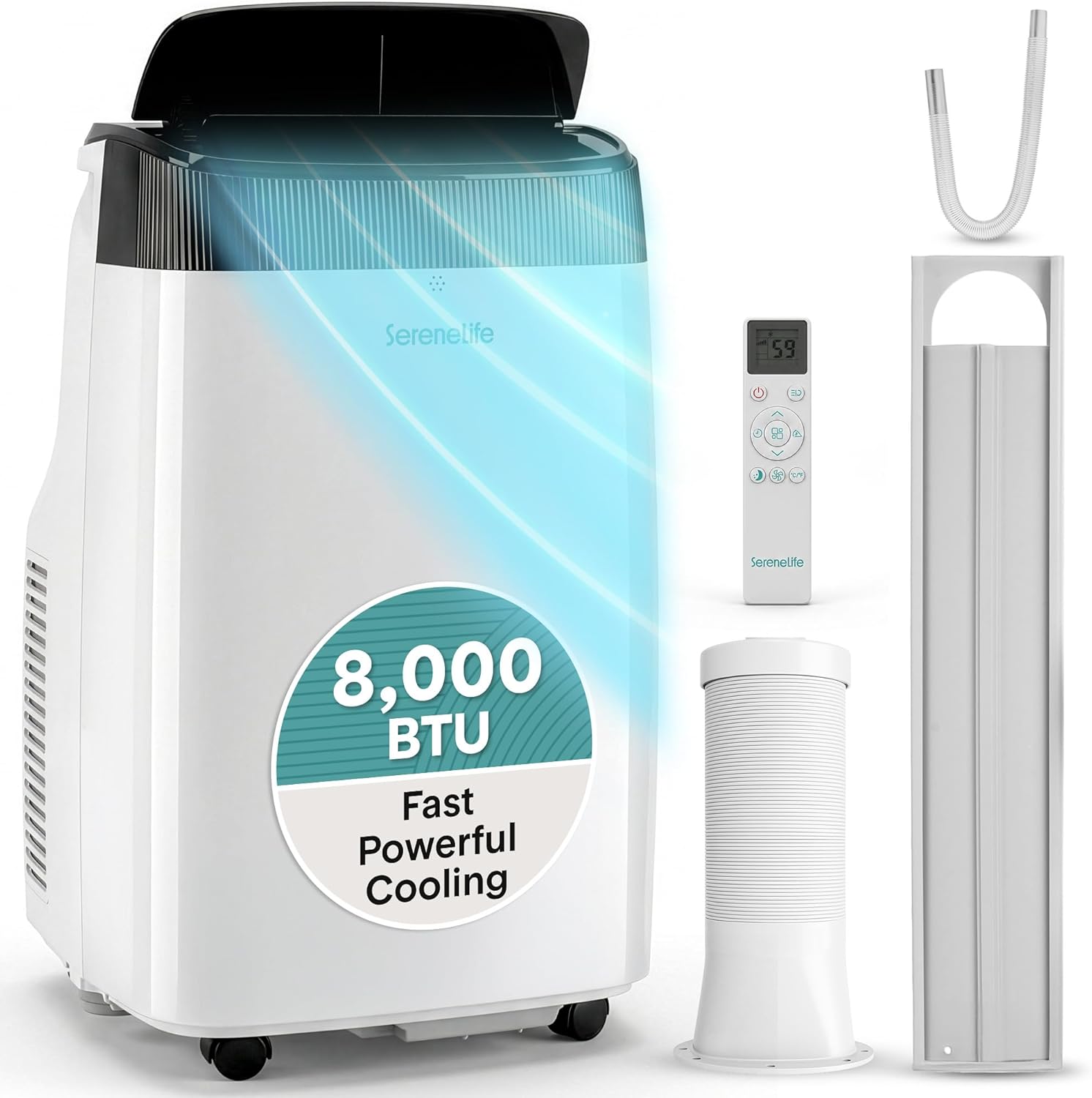 SereneLife Portable Air Conditioner, Dehumidifier & Fan | 3-in-1 8,000 BTU AC With Temperature Ranges 64°F–90°F & Cools 350 SQ FT | Includes 3 Fan Speeds, Remote Control, & Window Exhaust Kit | White