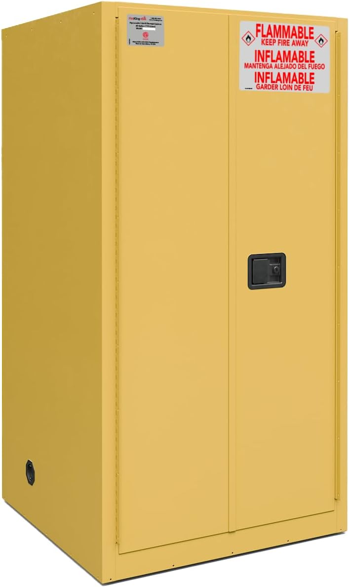 FireKing Yellow Flammable Safety Cabinet, Flammable Liquids Storage Cabinet, 60 Gallon Steel Safety Cabinets with Manual Door for Commercial, Industrial & Home Use, 34" x 34" x 65"