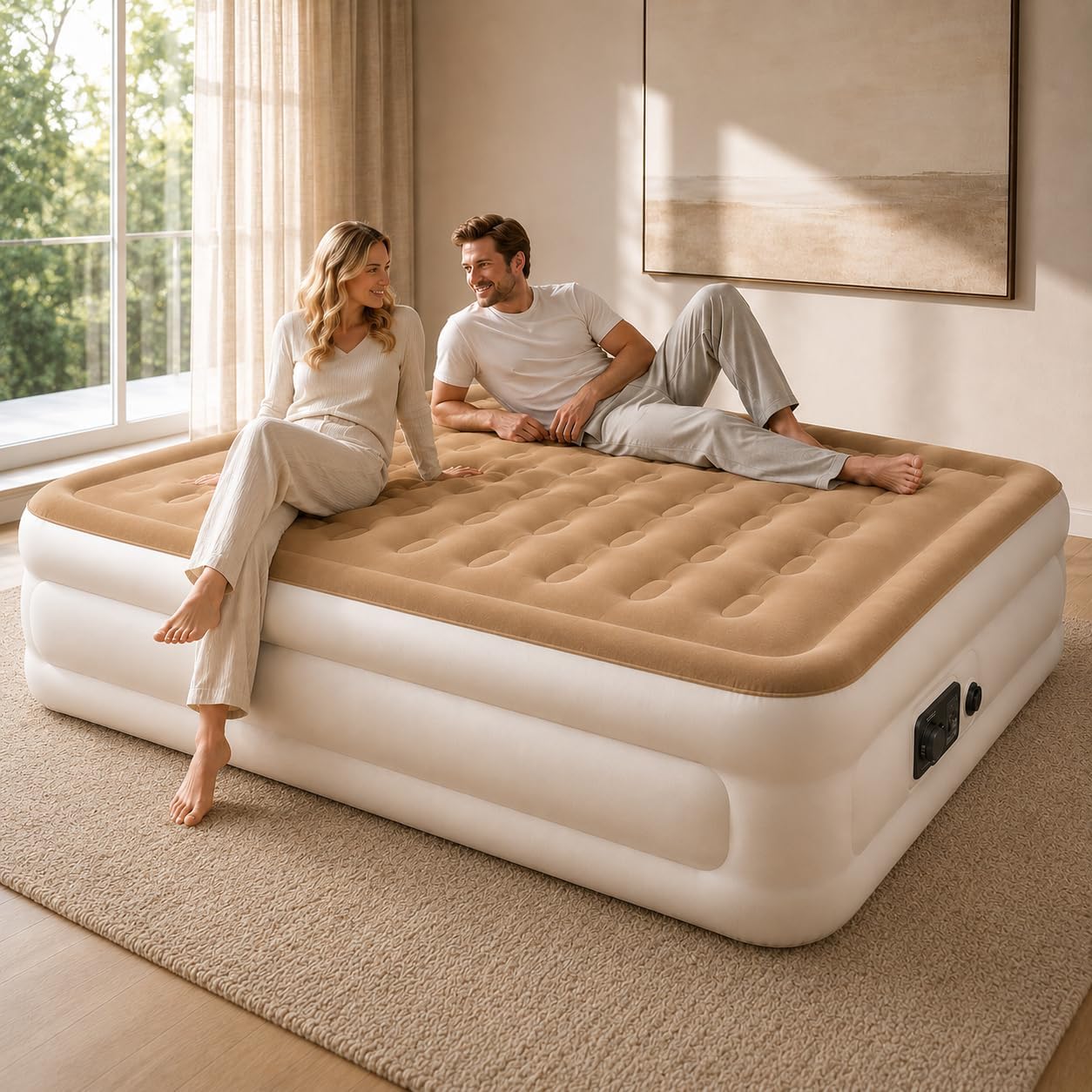 Etto Queen Air Mattress with Built-in Pump, 18" Raised Air Bed with Reinforced Coil Beam Support, Premium Soft Flocked Top, Fast 3-Min Inflation, Comfortable Guest Bed for Home Use, Carry Bag Included