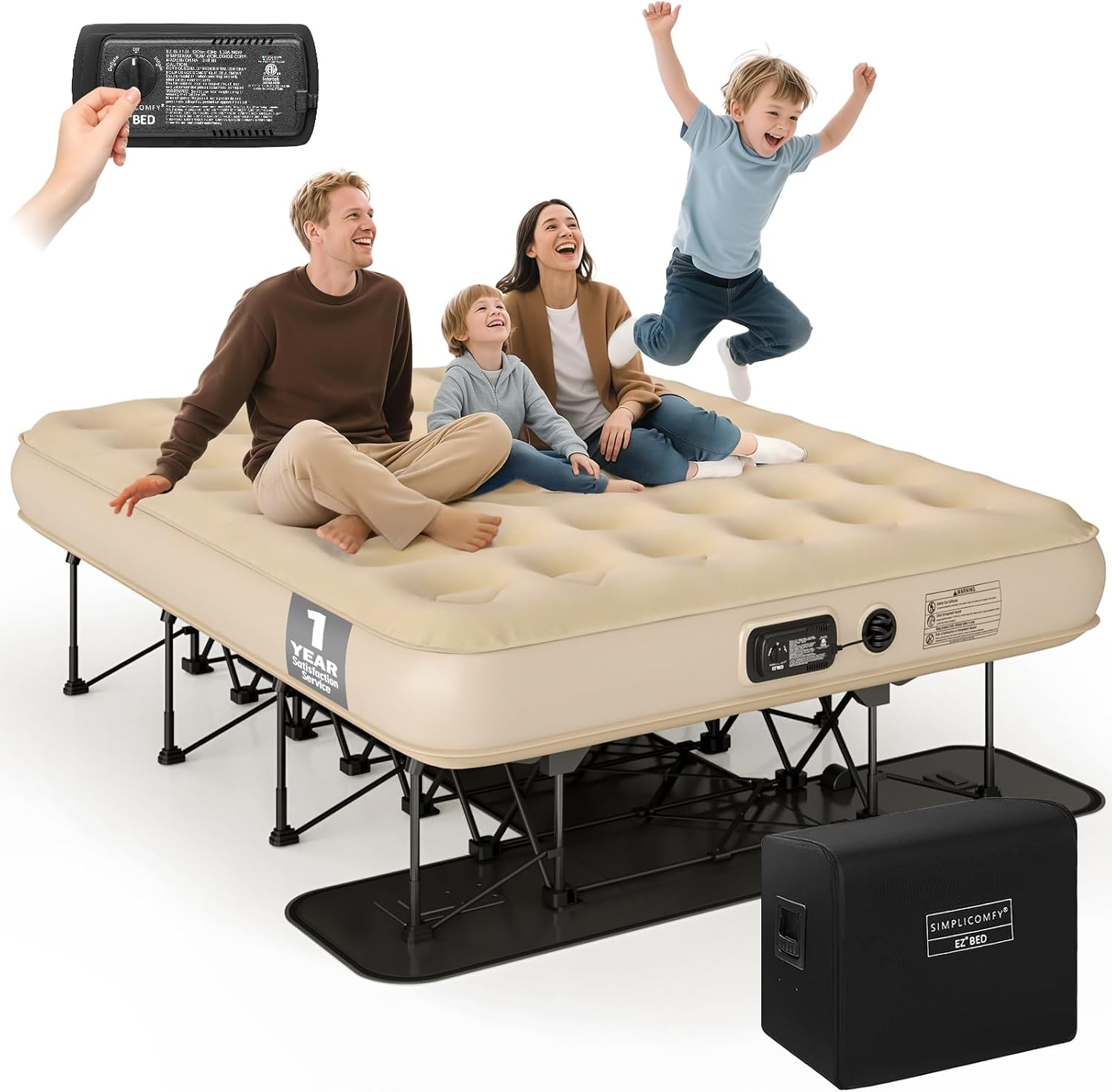 Simpli Comfy Queen EZ Bed Self-Inflating Air Mattress with Built-in Frame, Pump and Wheeled Case, Blow Up Inflatable Rolling Air Bed on Wheels