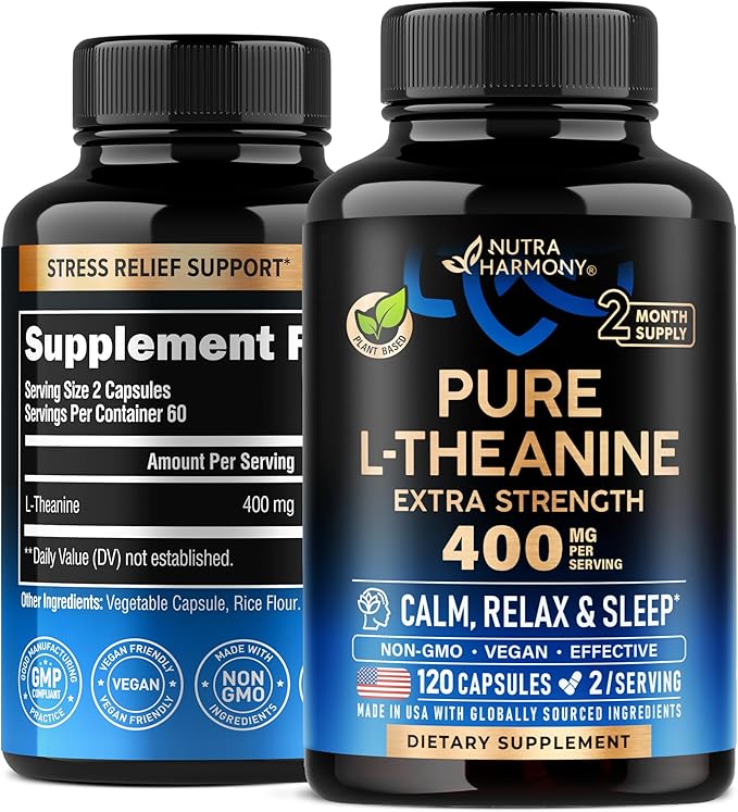 L Theanine 400 mg | L-Theanine Stress Relief | Extra Strength Supplement | Made in USA | Relaxation, Sleep & Calm Support | for Men & Women | Plant Based, Non-GMO & Gluten-Free | 120 Vegan Capsules