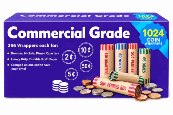 L LIKED 1024 Assorted Coin Wrappers Quarters Pennies Nickels Dimes | Preformed, color-coded, easy to use, tear-resistant kraft paper, for banks, retail & home