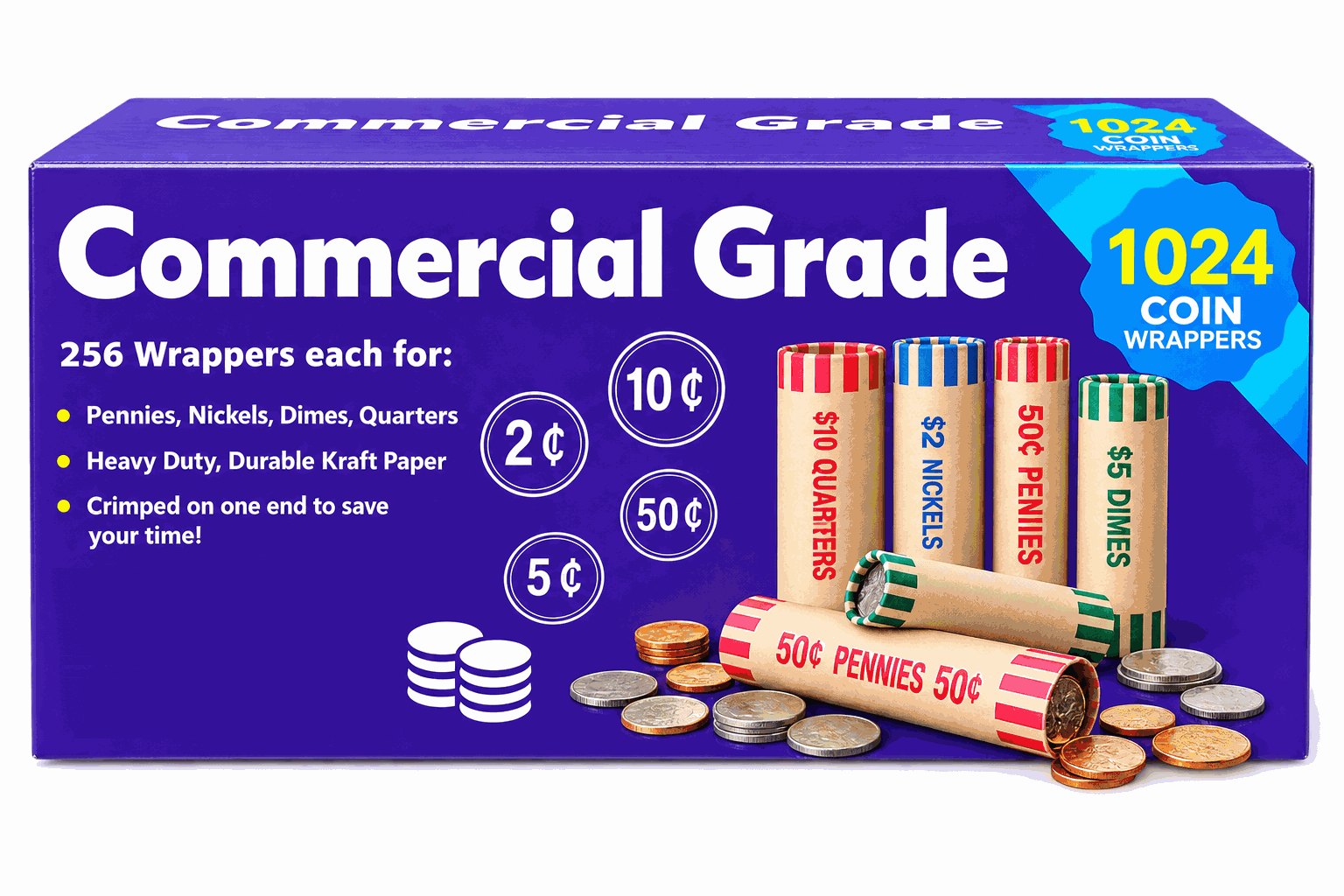 L LIKED 1024 Assorted Coin Wrappers Quarters Pennies Nickels Dimes | Preformed, color-coded, easy to use, tear-resistant kraft paper, for banks, retail & home
